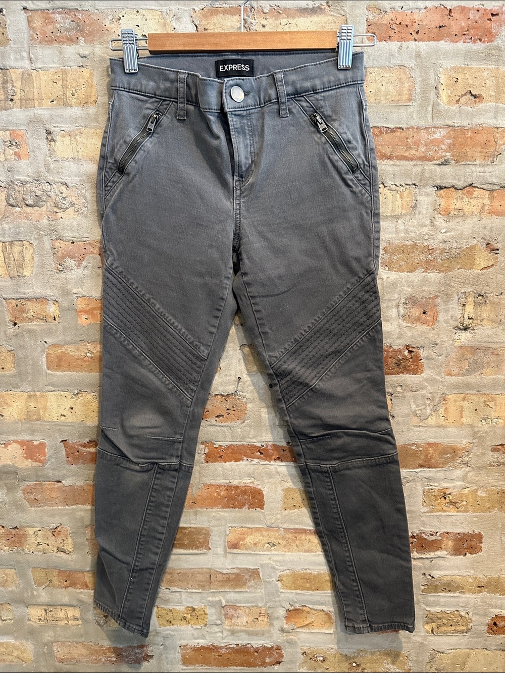 Express Women’s Gray Moto Skinny Jeans with Zip Pockets Ankle Legging